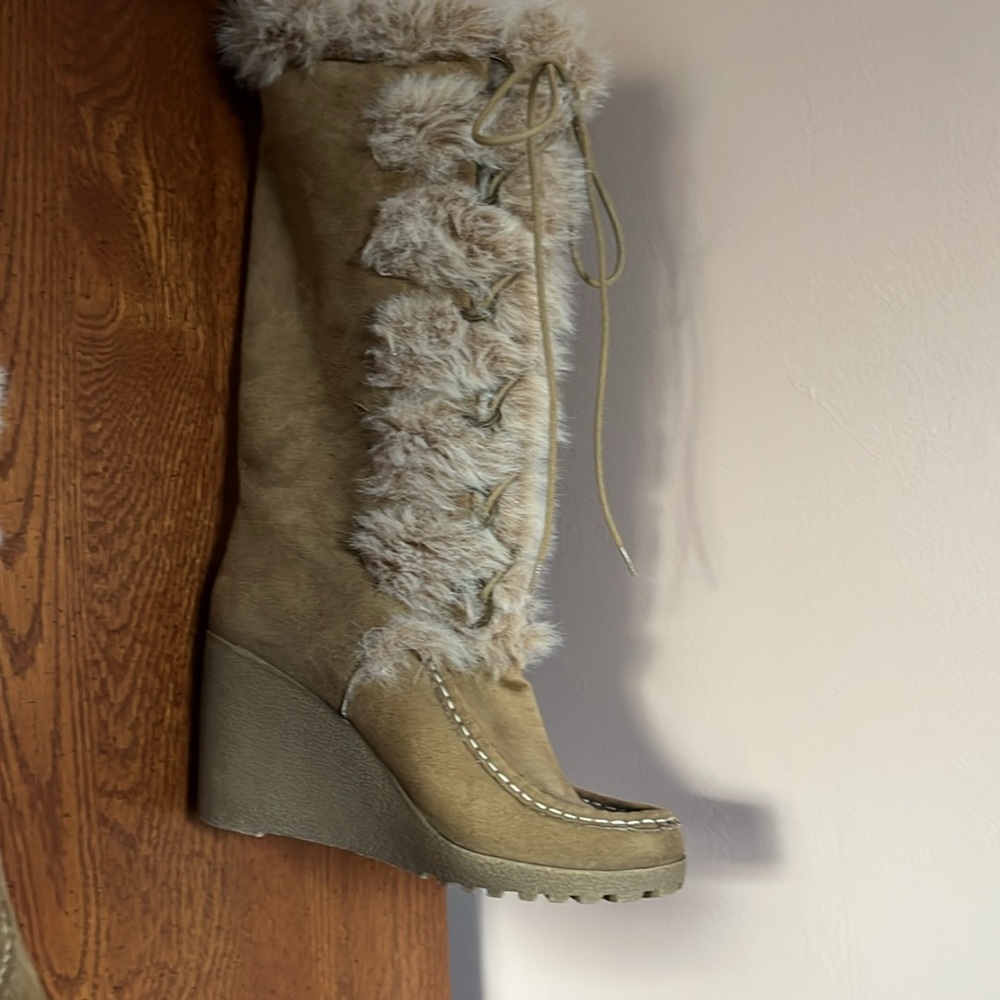 Women's Tan Fur-Lined Wedge Boots - Picture 3 of 4